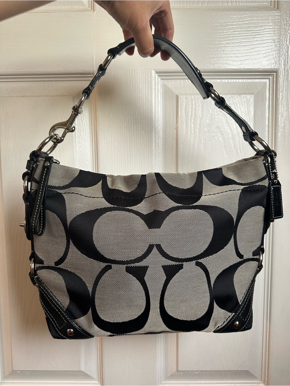 Vintage Coach Signature Monogram Shoulder Bag Y2K Black & Grey Hobo Purse